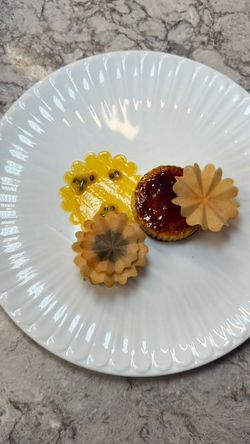 Elegant dessert plate with golden tart, decorative cookies, and passion fruit sauce served at Le Pavillon.