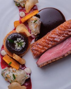 A carefully plated dish featuring perfectly cooked duck breast, accompanied by vibrant garnishes and sauces.