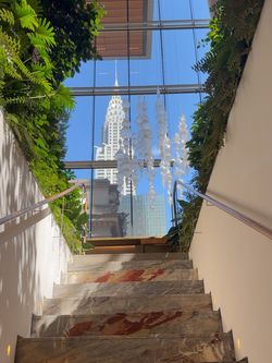Stairway with marble steps and greenery leading up to a glass ceiling showcasing a chandelier and NYC skyscraper view.