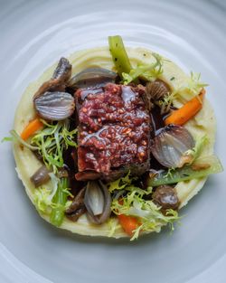 A visually appealing plate featuring a meat dish on a bed of mashed potatoes, surrounded by vegetables.