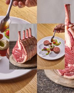 A gourmet dish at Le Pavillon featuring two rolled meat medallions with sauce, pea puree, and a tomato garnish on white plate