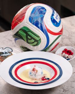 Dessert plate with red, white, and blue accents, featuring a scoop of ice cream and berries, next to a colorful soccer ball.