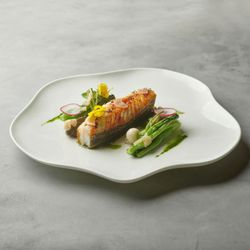 Grilled fish fillet with garnish, radish slices, greens, and green sauce served on a white plate at Le Pavillon.