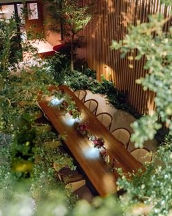 Long wooden dining table with chairs in a green, garden-like setting featuring wood-paneled walls and ambient lighting.