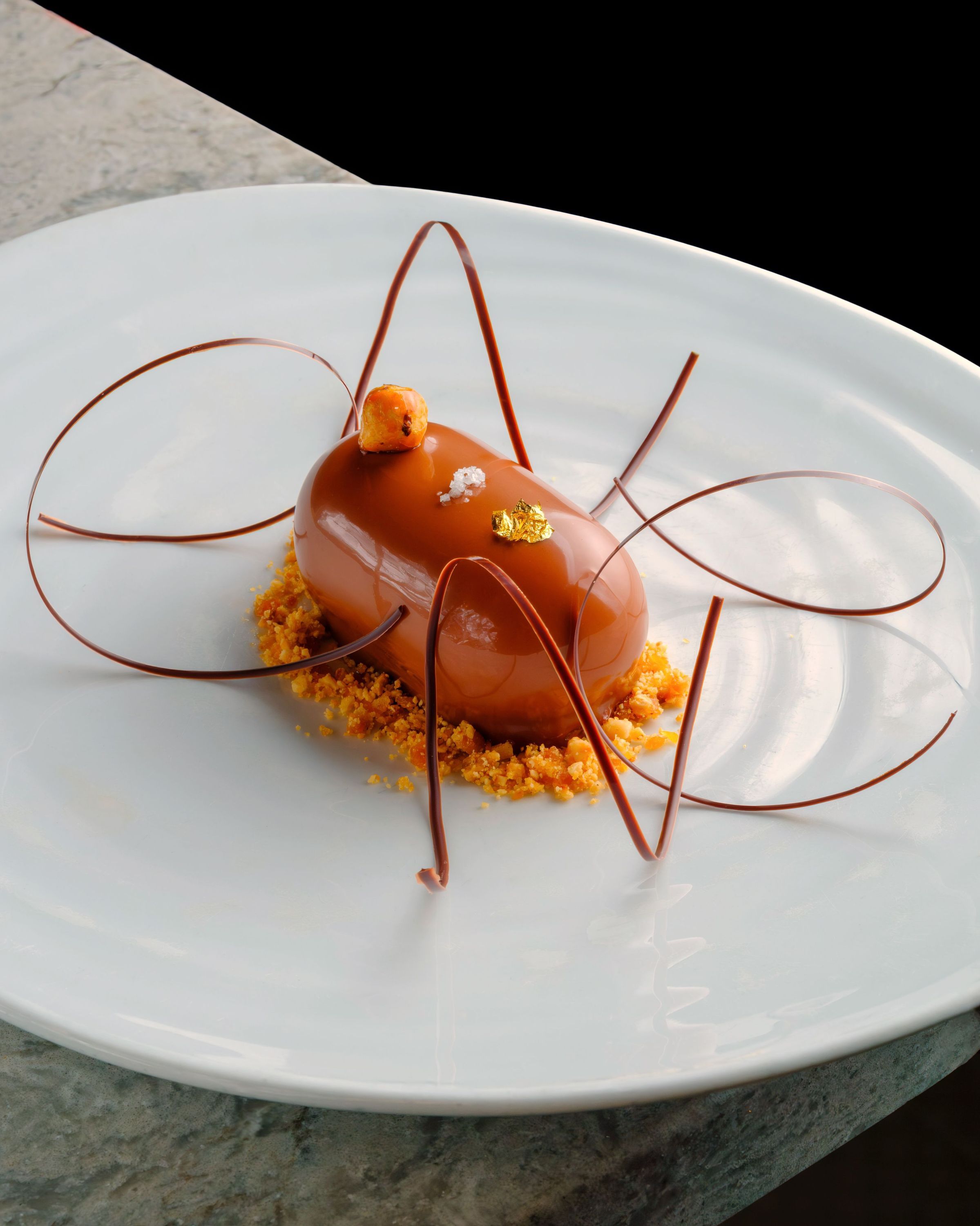 A beautifully presented dessert featuring delicate chocolate, golden accents, and elegant chocolate curls.